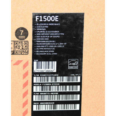 PORTATIL SIN SISTEMA ASUS F1500E / INTEL i3-1115G4 / 500GB SSD / 8GB RAM