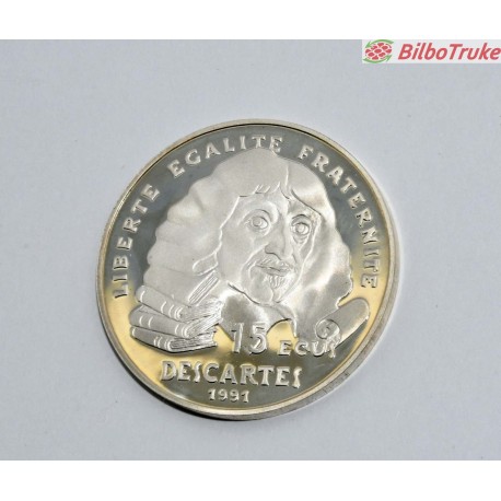 MONEDA 15 ECUS 1991 DESCARTES PLATA