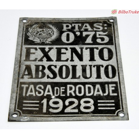 CHAPA TASA DE RODAJE 0.75 PTAS 1928