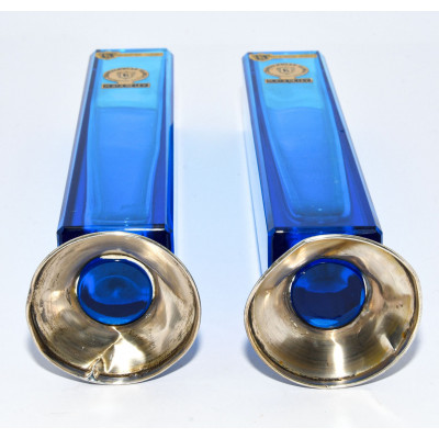 PAREJA JARRONES CRISTAL AZUL CON BASE EN PLATA DE LEY