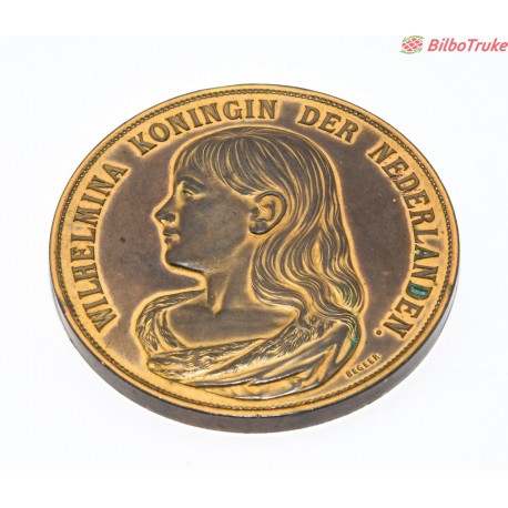 MEDALLA HOLANDESA BRONCE WILHEMINA KONINGIN DER NEDERLNADEN VOEDINGS TENTOONSTELLINS AMASTERDAM 1894