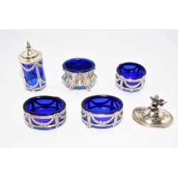 JUEGO AZUCARERO, ESPECIERO... PLATA Y CRISTAL AZUL COBALTO