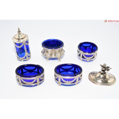 JUEGO AZUCARERO, ESPECIERO... PLATA Y CRISTAL AZUL COBALTO