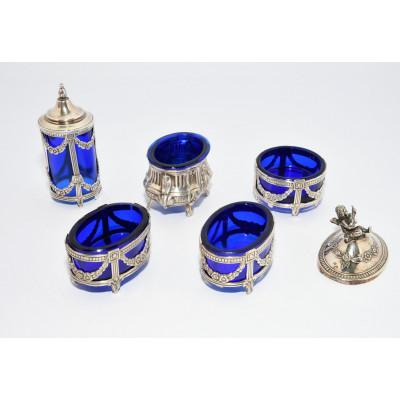 JUEGO AZUCARERO, ESPECIERO... PLATA Y CRISTAL AZUL COBALTO