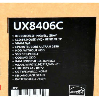 PORTATIL ASUS ZENBOOK UX8406C / INTEL ULTRA 9 285H / 1TB SSD / 32GB RAM