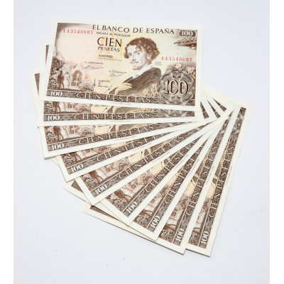 LOTE 10 BILLETES 100 PESETAS 1965 CONSECUTIVOS (SERIE 1A)