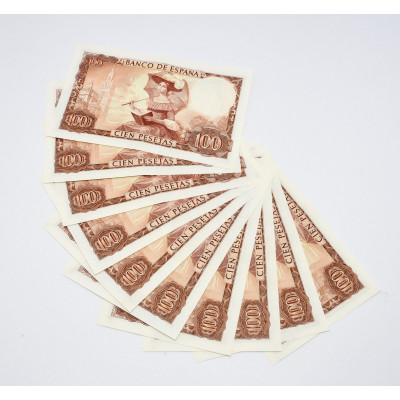 LOTE 10 BILLETES 100 PESETAS 1965 CONSECUTIVOS (SERIE 1A)