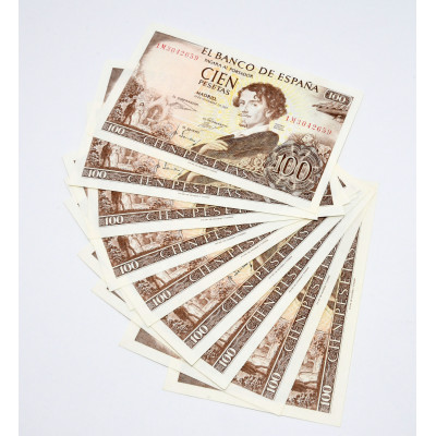 LOTE 10 BILLETES 100 PESETAS 1965 CONSECUTIVOS (SERIE 1M)