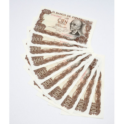 LOTE 10 BILLETES 100 PESETAS 1970 CONSECUTIVOS (SERIE X)