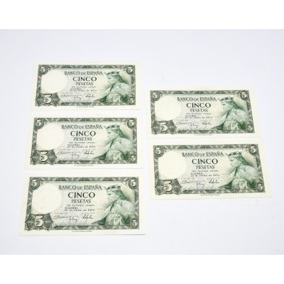 LOTE 5 BILLETES 5 PESETAS 1954 CONSECUTIVOS SERIE N