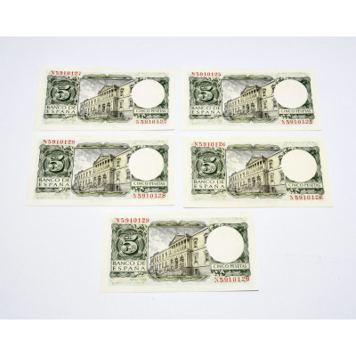 LOTE 5 BILLETES 5 PESETAS 1954 CONSECUTIVOS SERIE N