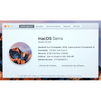 MACBOOK PRO 13.2 2016 CORE I5 2.9GHZ 8RAM 256SSD A1706