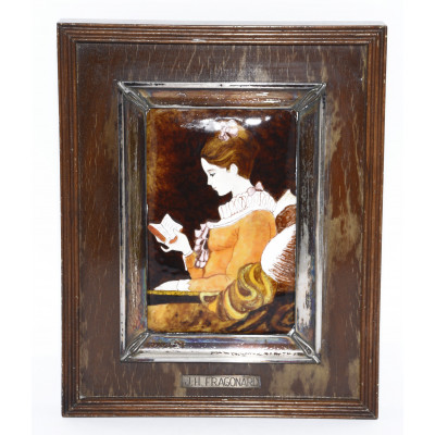 CUADRO MUCHACHA LEYENDO - JH FRAGONARD - ESMALTADO EN MARCO DE PLATA