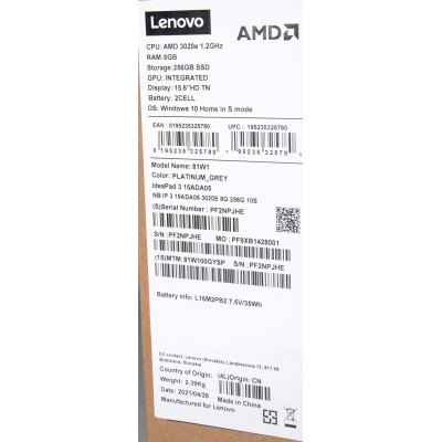 NOTEBOOK LENOVO IDEAPAD 3 15ADA05 / AMD 3020E / 256GB SSD / 8GB RAM