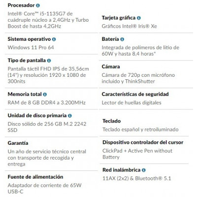 NOTEBOOK LENOVO THINKBOOK 14S YOGA ITL / INTEL i5-1135G7 2.4GHz / 250GB SSD / 8GB RAM