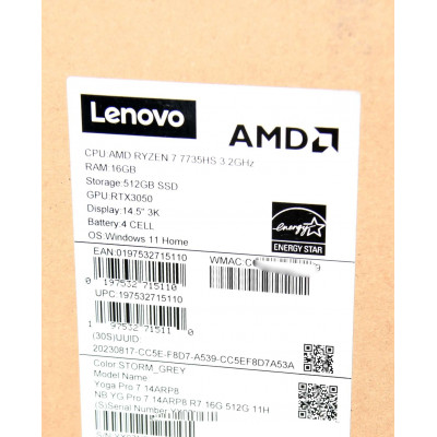 PORTATIL 14p LENOVO YOGA PRO 7 14ARP8 / AMD RYZEN 7 7735HS 3.2GHz / 500GB SSD / 16GB RAM / RTX 3050